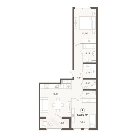 Планировка 1-комнатная 60.98 м²