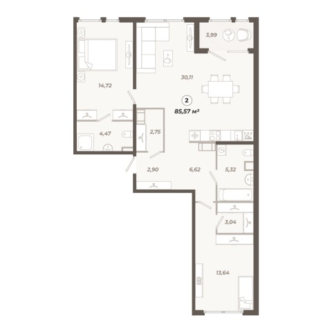 Планировка 2-комнатная 85.57 м²