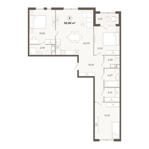 Планировка 3-комнатная 92.06 м²