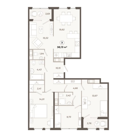Планировка 4-комнатная 98.19 м²