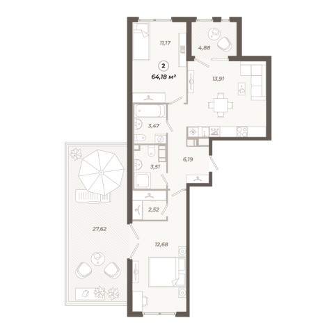 Планировка 2-комнатная 64.18 м²